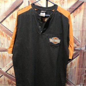Harley Davidson Embroidered Pocket Henley~spell out shoulder~Laconia NH~…